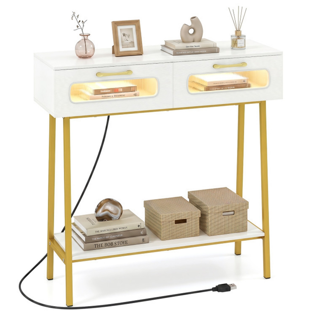 Sugift Hallway Console Table with Rgb Led Lights and Open Shelf