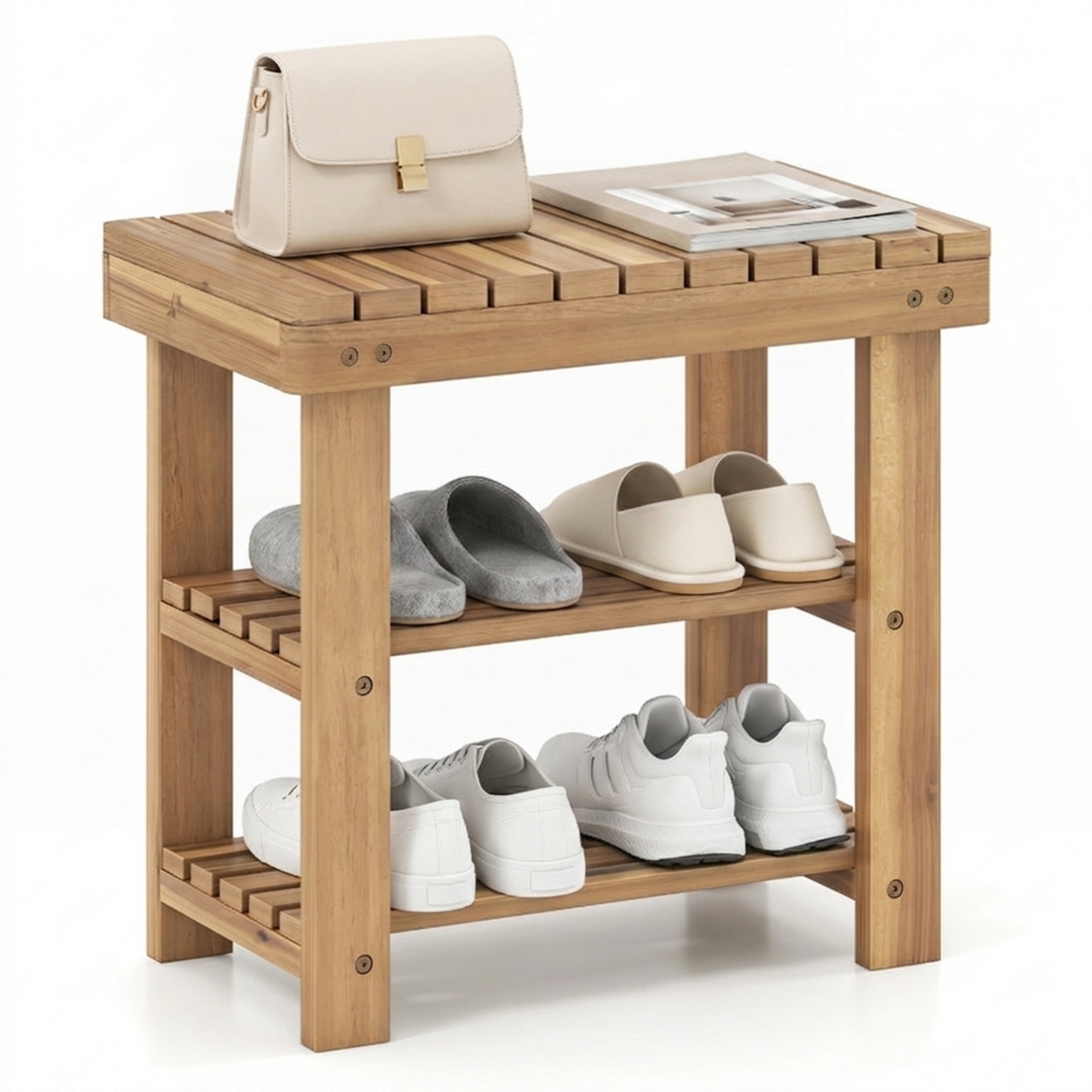 Sugift 3-Tier Solid Teak Wood Shoe Rack Bench with Slatted Shelves for Entryway
