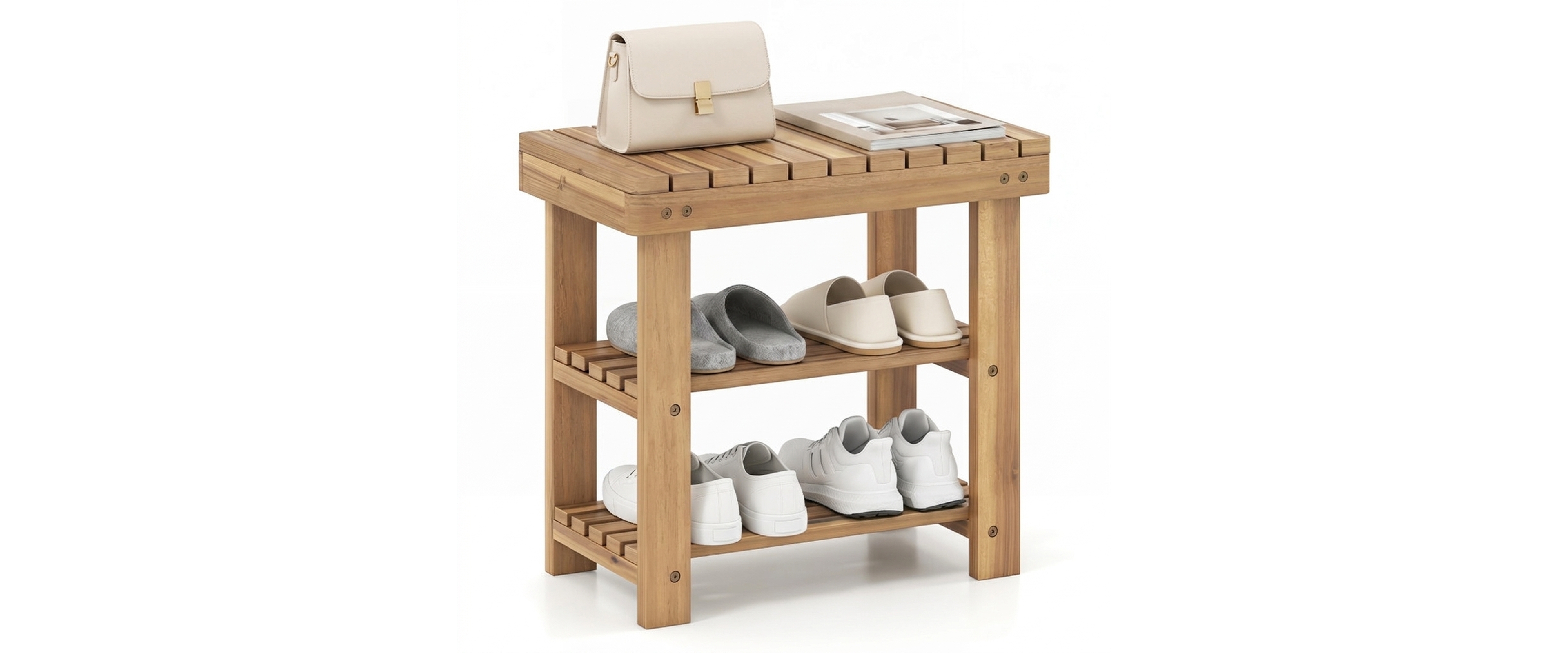 Sugift 3-Tier Solid Teak Wood Shoe Rack Bench with Slatted Shelves for Entryway