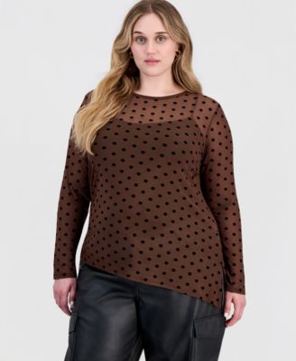 Plus Size Long-Sleeve Crewneck Flocked Mesh Top