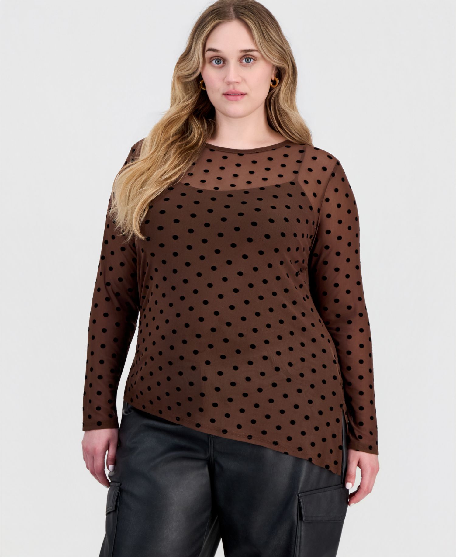 Plus Size Long-Sleeve Crewneck Flocked Mesh Top