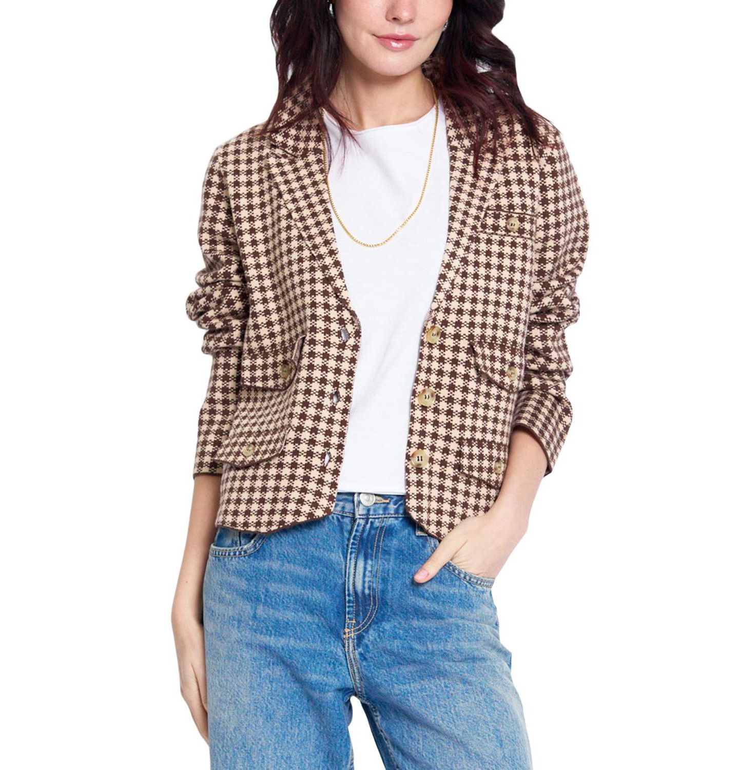 Женский пиджак Central Park West Marlo Cropped Houndstooth Jacquard-Knit Blazer, цвет: Верблюжий — фото 1