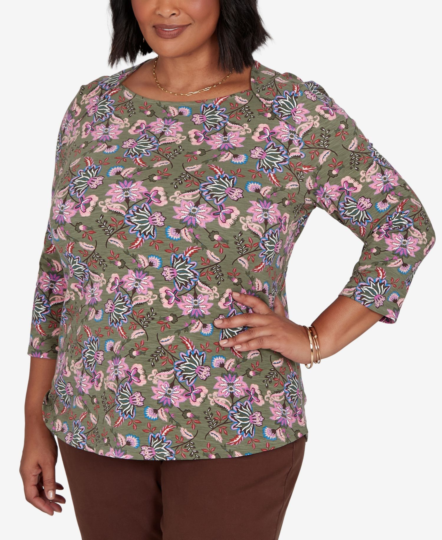 Plus Size Knt Garden Square Neck 3/4-Sleeve Floral Cotton-Blend T-Shirt