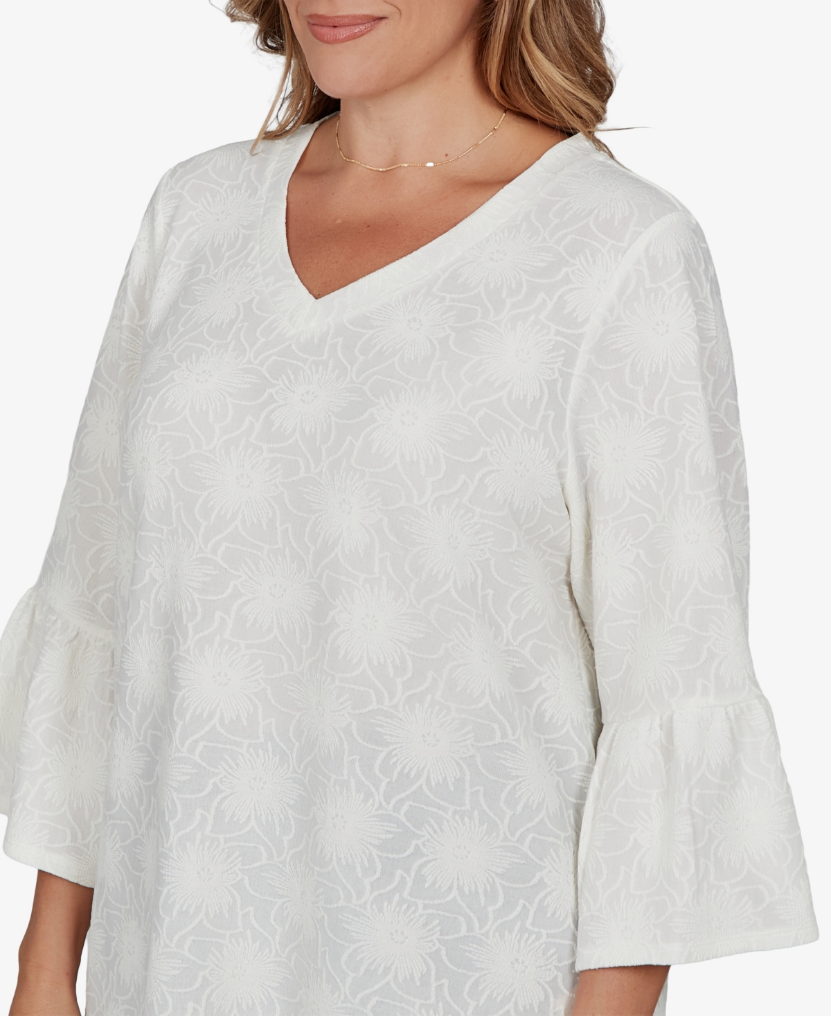 Ruby Rd. Plus Size V-neck Floral Bell-sleeve Blouse In White
