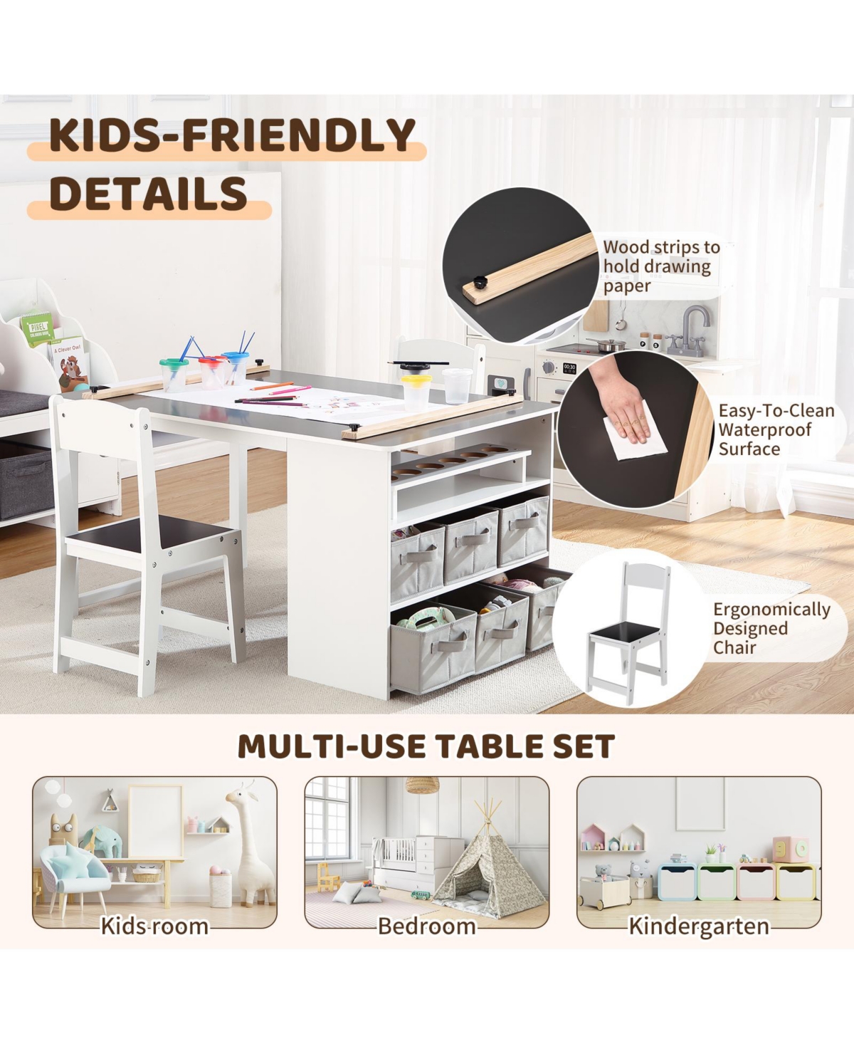 homfan 4-in-1 Kids Art Table Set (Table plus 2 Chairs) - Wooden Activity Desk with Storage Bins, Easel, Drawing and Study