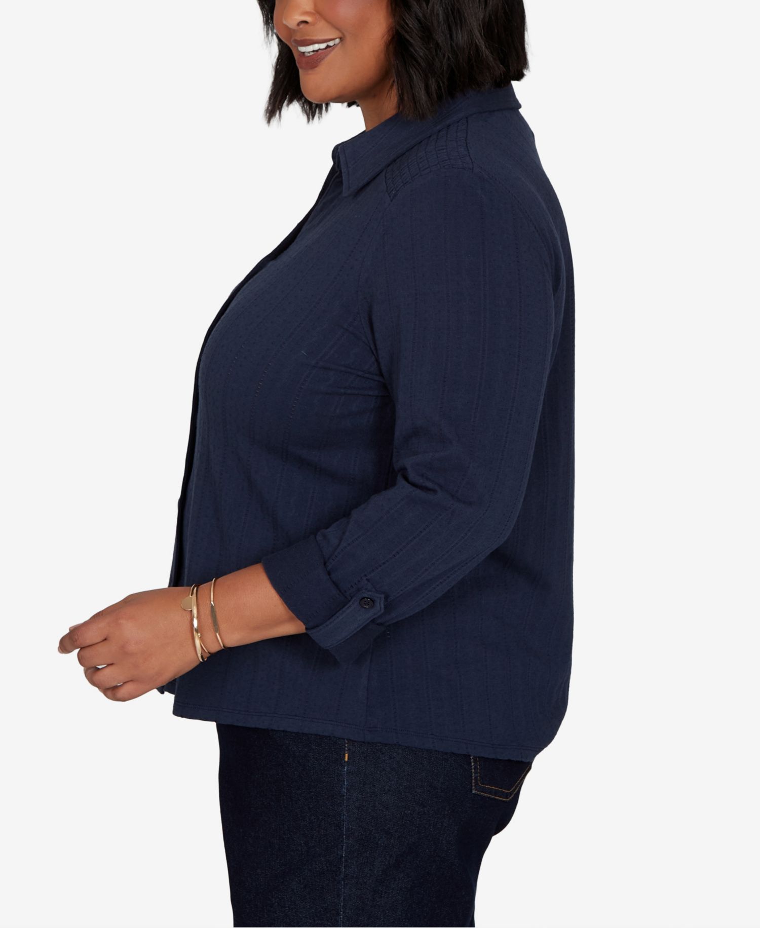 Plus Size Striped Roll-Tab Button-Front Blouse