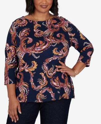 Plus Size Paisley 3/4-Sleeve Boat-Neck T-Shirt