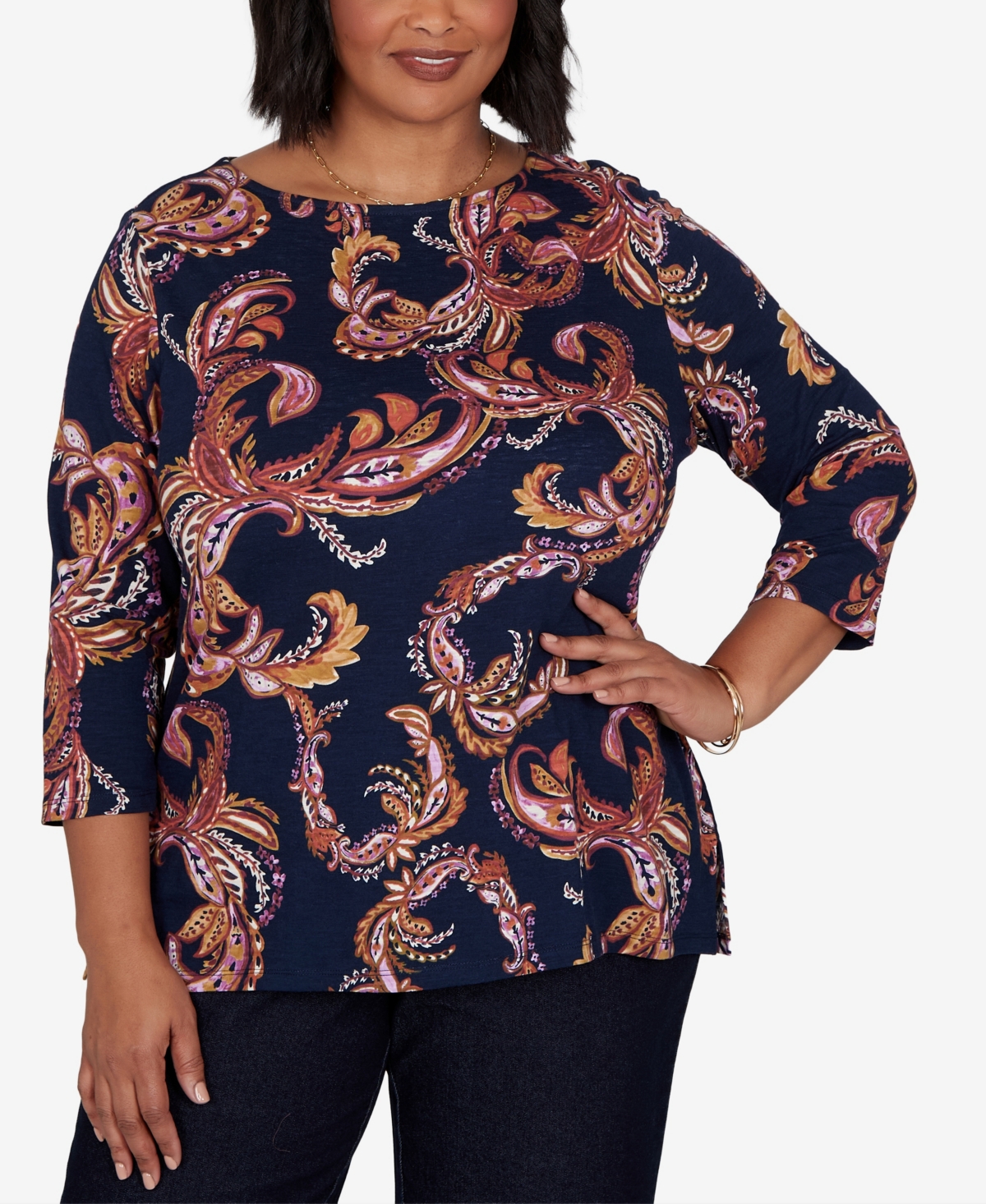 Ruby Rd. Plus Size Paisley 3/4-sleeve Boat-neck T-shirt In Blue