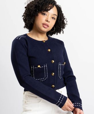 Women's Jessica Fitted Cropped Button Front Cardigan with White Stitching and Front pockets