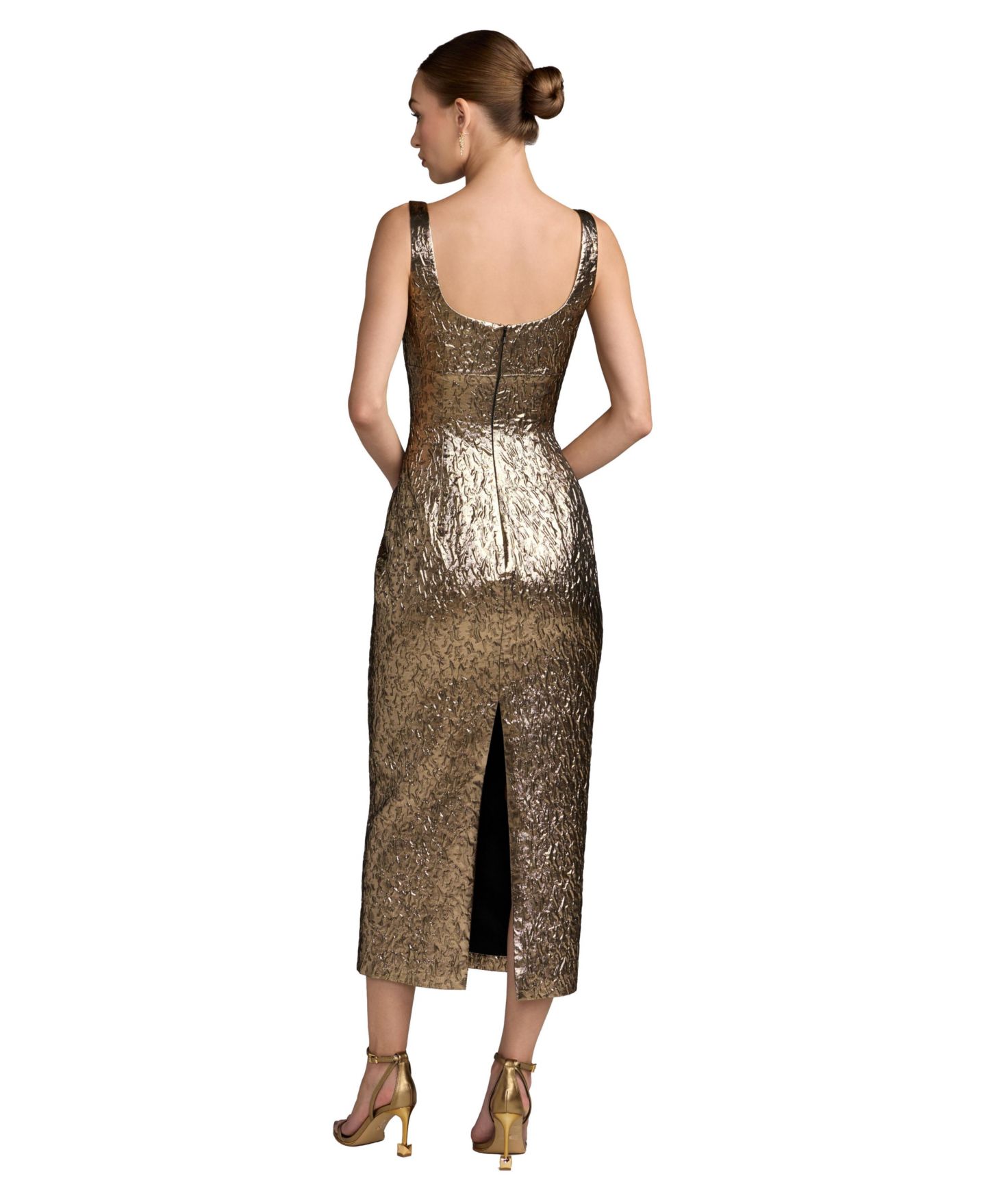 Женское платье Mac Duggal Long Sleeve Pleated Charmeuse Handkerchief Midi, цвет: Золотой — фото 2