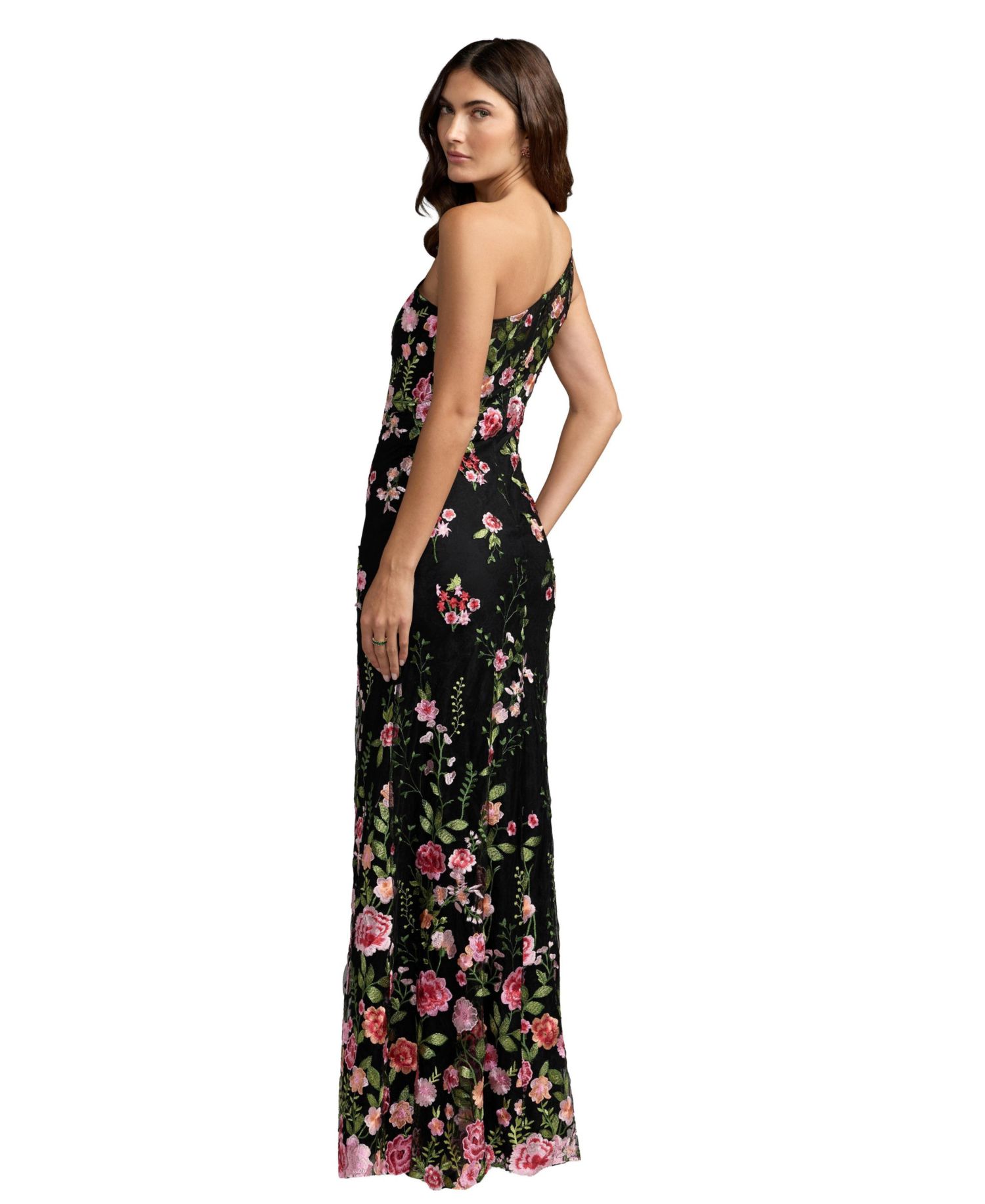Petite One Shoulder Lace Embroidered Gown