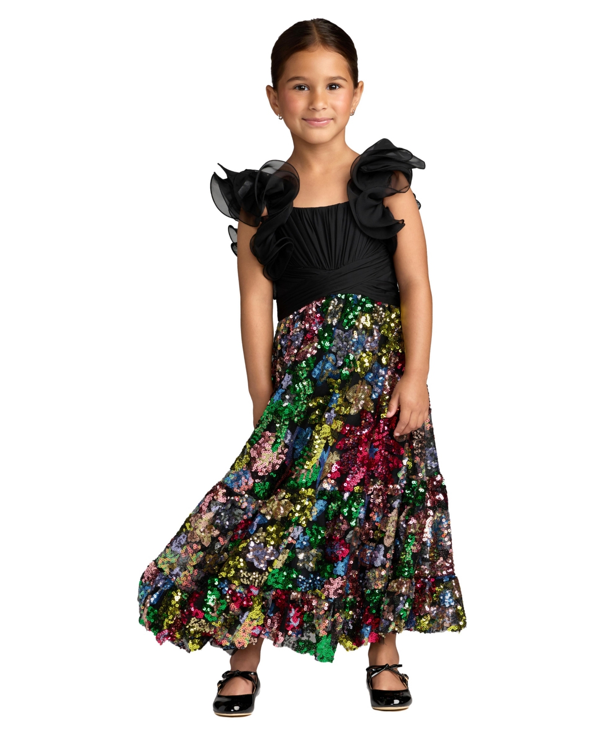 Mac Duggal Big Girls Sequin Floral Maxi Dress with Ruffle Sleeves