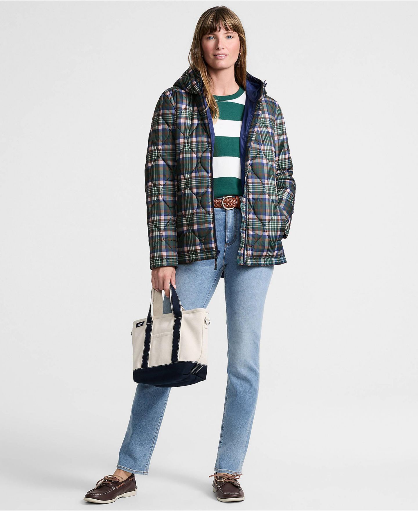 Женская куртка Lands' End Print FeatherFree Quilted Insulated, цвет: Орех / Сосновый клетчатый — фото 4