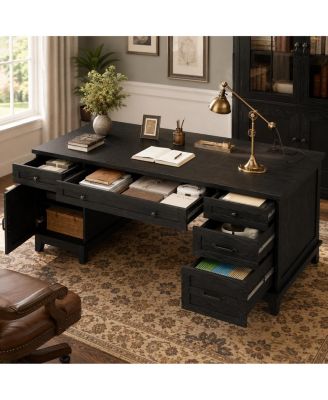 60" Farmhouse Executive Desk with File Drawers, Charging Station and Cabinet Storage