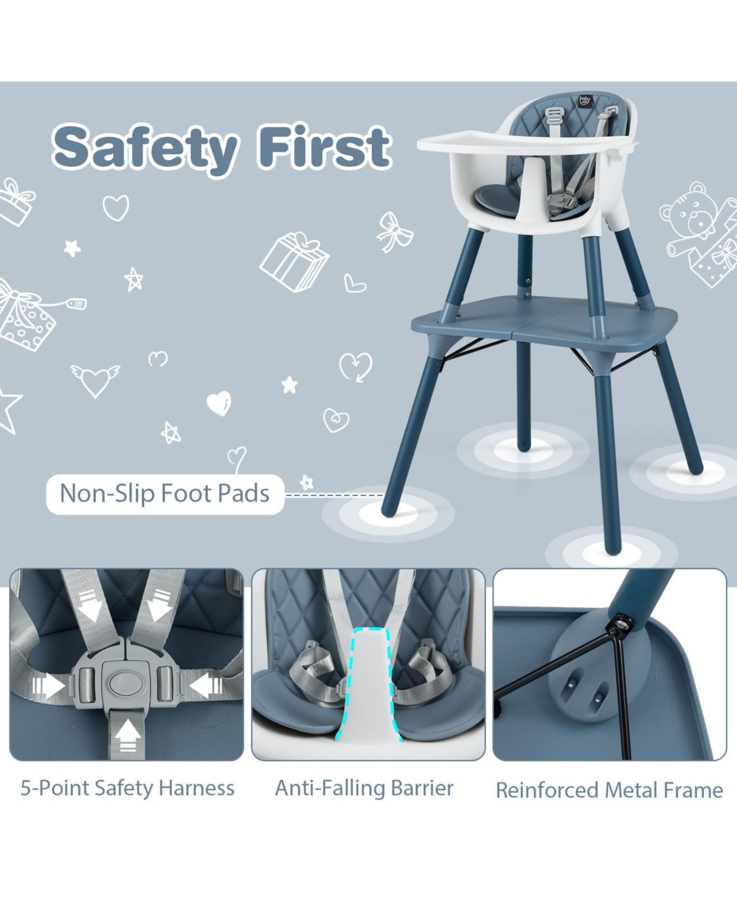 4-in-1 Infant High Dining Chair with 5-point Harness, Removable and Adjustable Tray