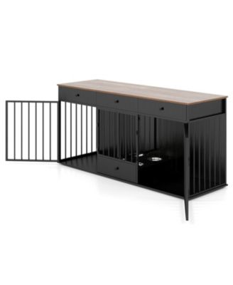 71 Inch Double Dog Crate Furniture TV Stand with Divider 3 Drawers and Pull-Out Feeder for Two Dogs