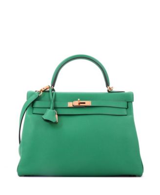 Pre-Owned Hermes Kelly 32 Handbag Green Evercolor with Gold Hardware