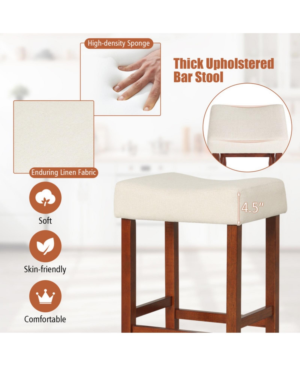 Sugift Set of 2 24 Inch Backless Bar Stools with Curved Linen Seat Cushions and Nailhead Trim