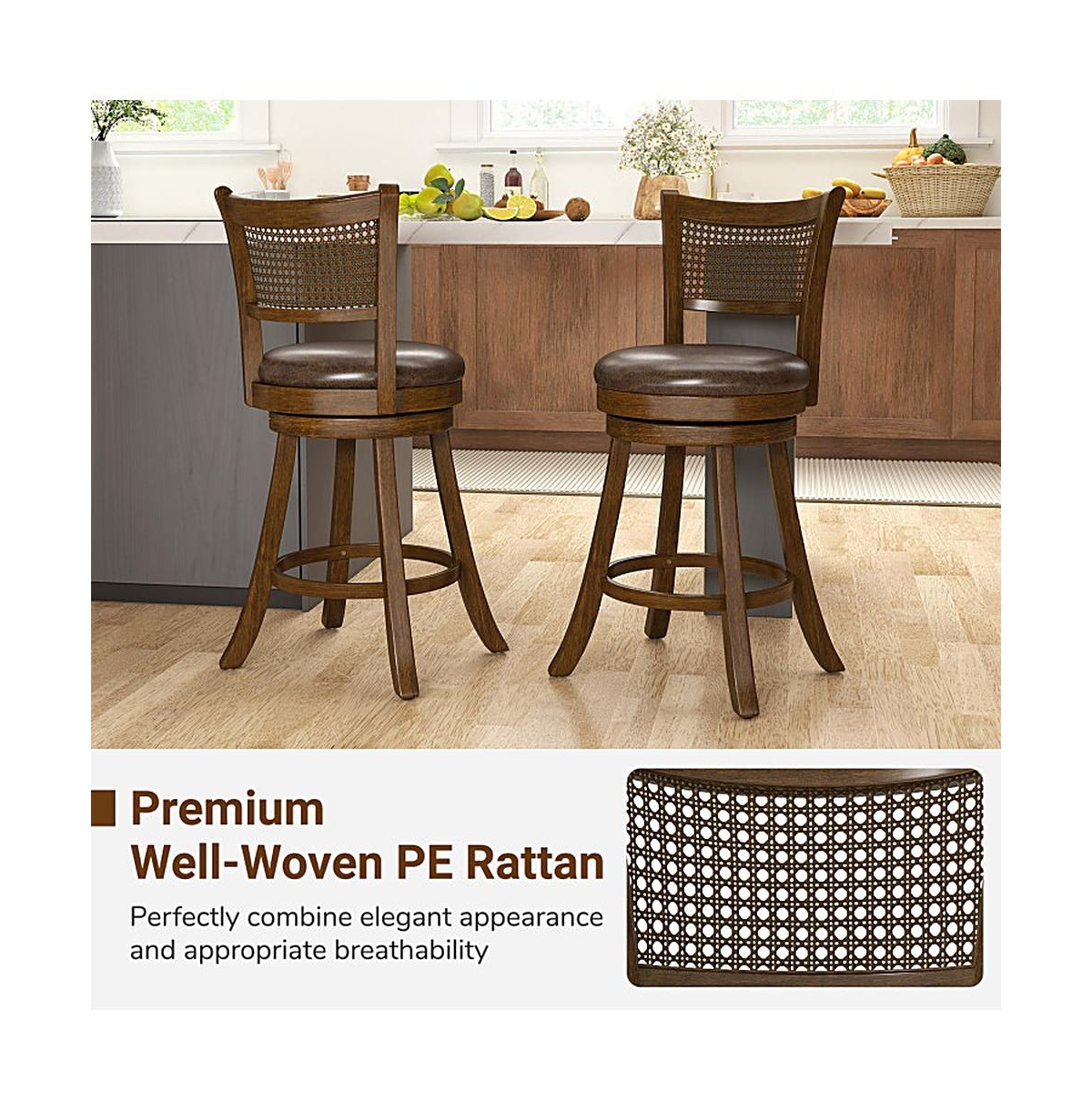 Sugift Set of 2 25 Inch Swivel Bar Stools with Leathaire Upholstery and Rattan Backrest