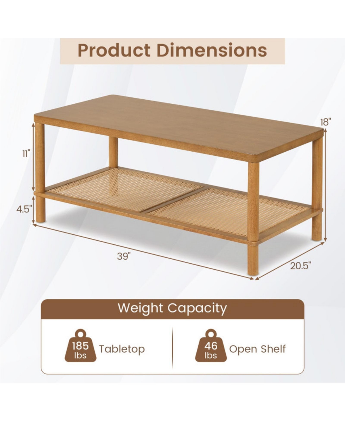 Sugift 2-Tier Boho Rectangular Coffee Table with Rubber Wood Frame and Woven Storage Shelf