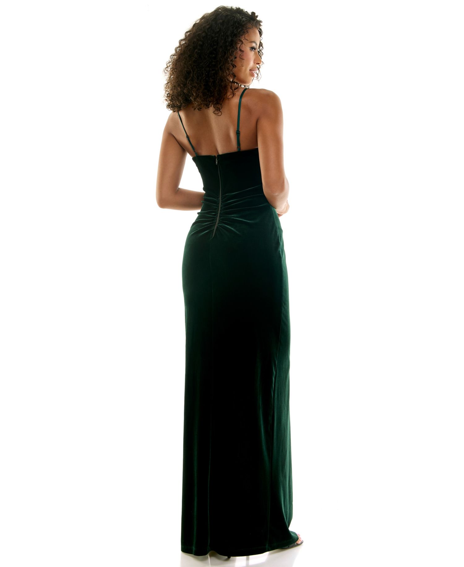 Juniors' Midnight Elegance Velvet V-Neck Side-Slit Gown