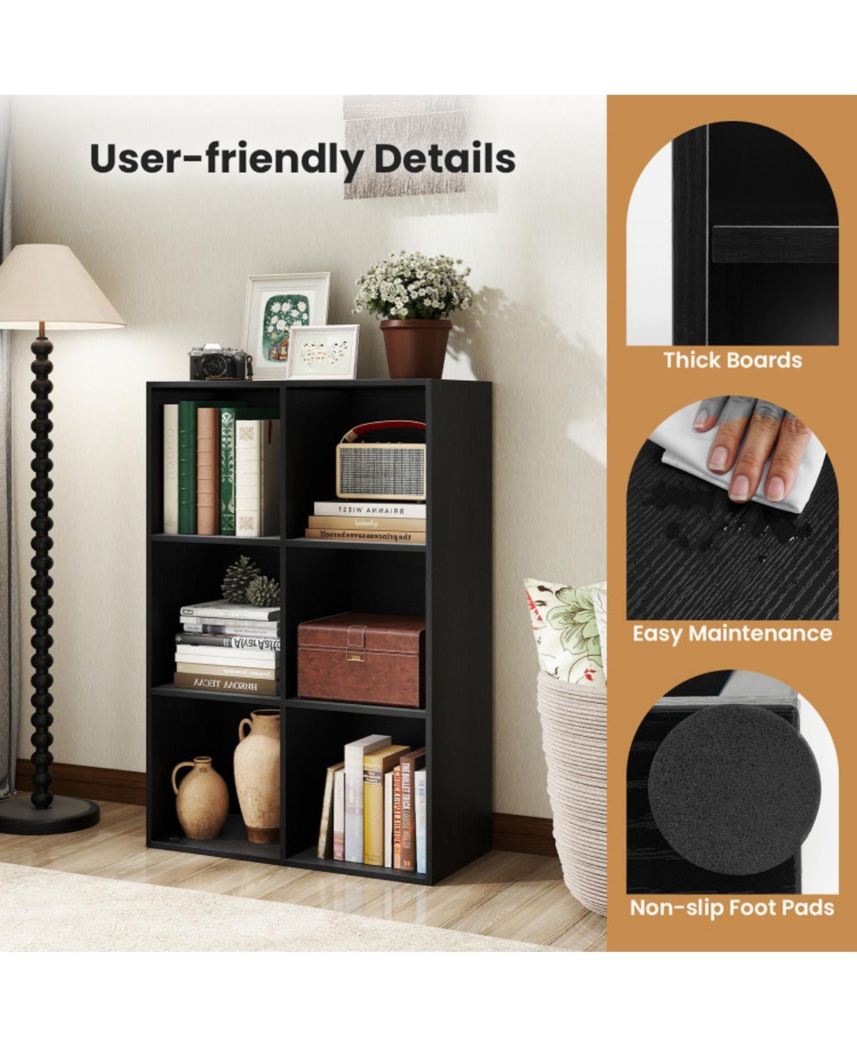 Sugift Modern 6-Cube Bookcase with Anti-Tipping Kits for Bedroom