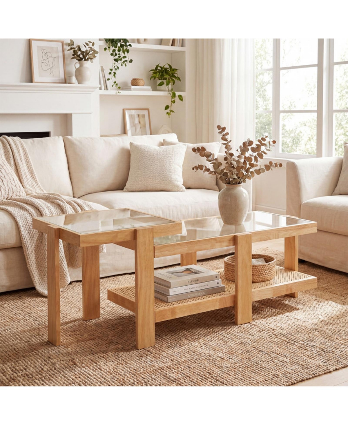 Sugift Set of 2 Nesting Coffee Tables with Tempered Glass Tops and Rattan Shelves
