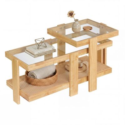 Set of 2 Nesting Coffee Tables with Tempered Glass Tops and Rattan Shelves