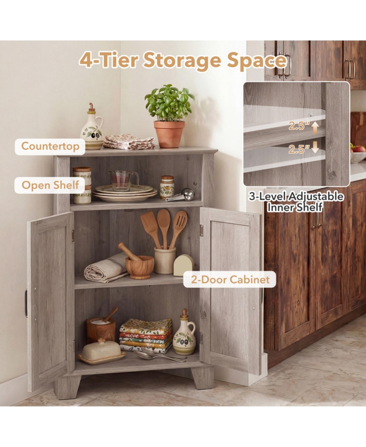 Sugift 4-Tier Corner Storage Cabinet with Open Shelf and 3-Level Adjustable Shelves