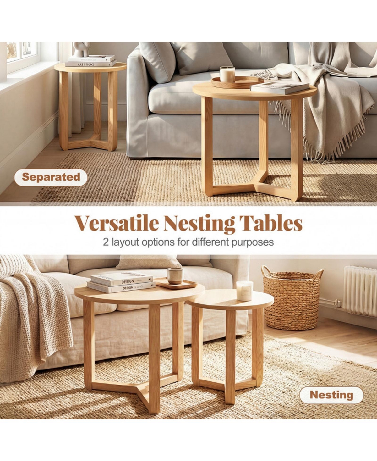 Sugift Round Nesting Coffee Table Set of 2 with Thickened Wood Tops and Tripod Legs