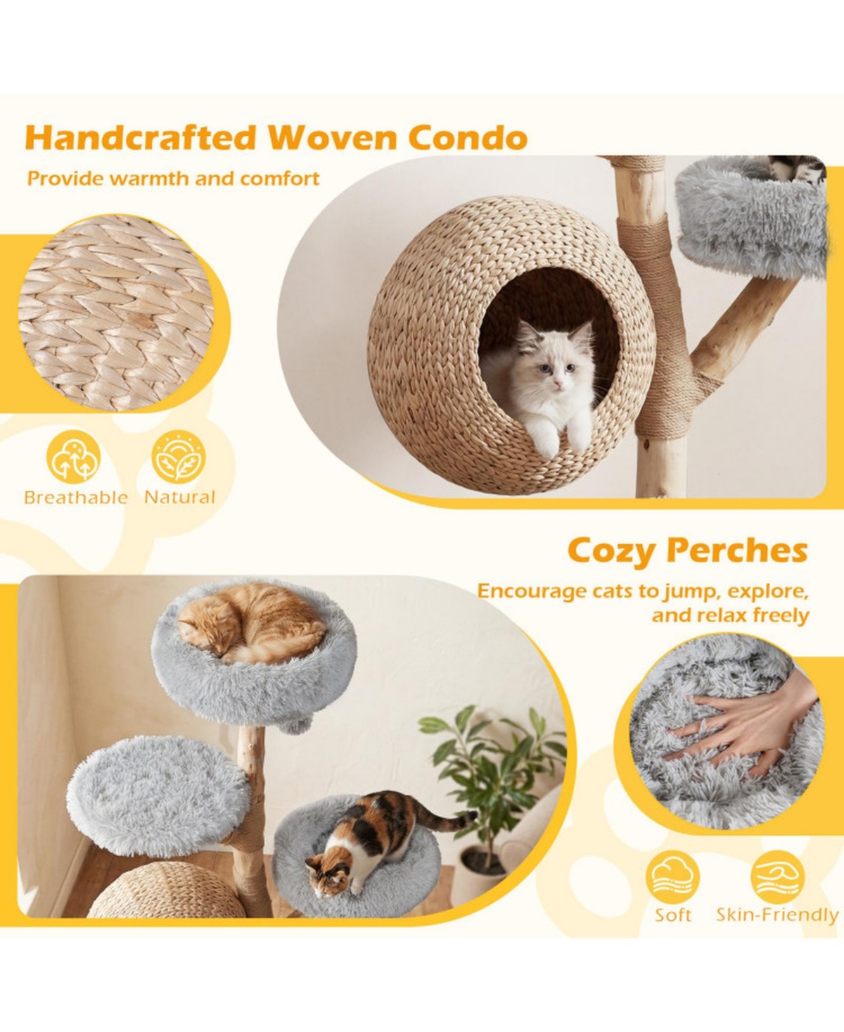 Sugift 5-Tier Wooden Cat Tree with Hand Woven Condo Plush Perches and Jute Posts