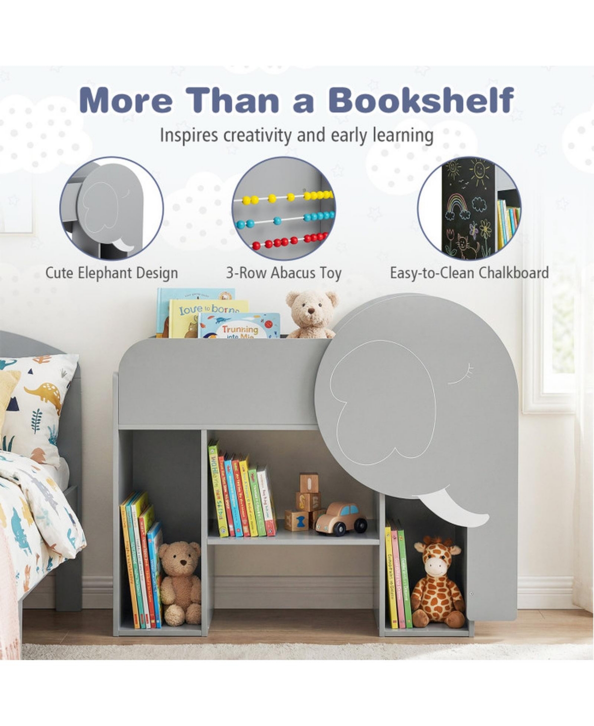 Sugift Montessori Kids Bookshelf 3-Tier Elephant Shaped Toddler Storage Organizer with Abacus and Chalkboard
