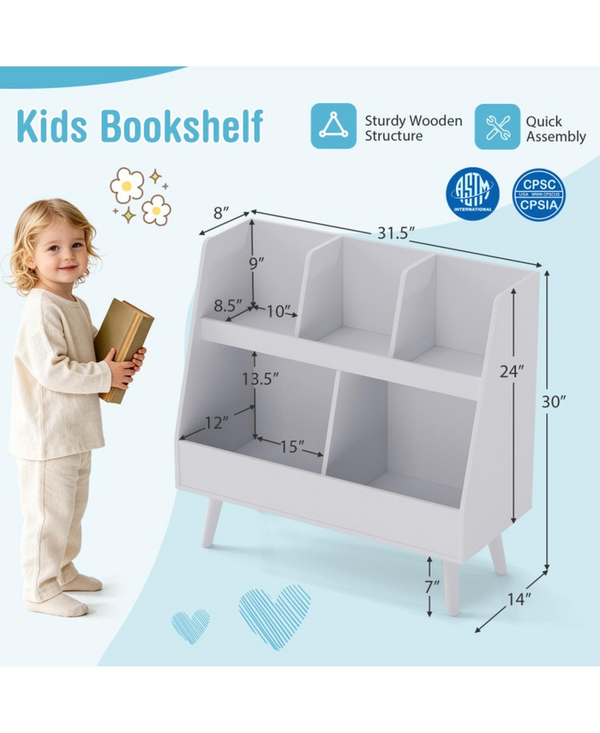 Sugift 5-Cube Kids Bookshelf and Toy Organizer with Anti-Tipping Kits and Solid Wood Legs