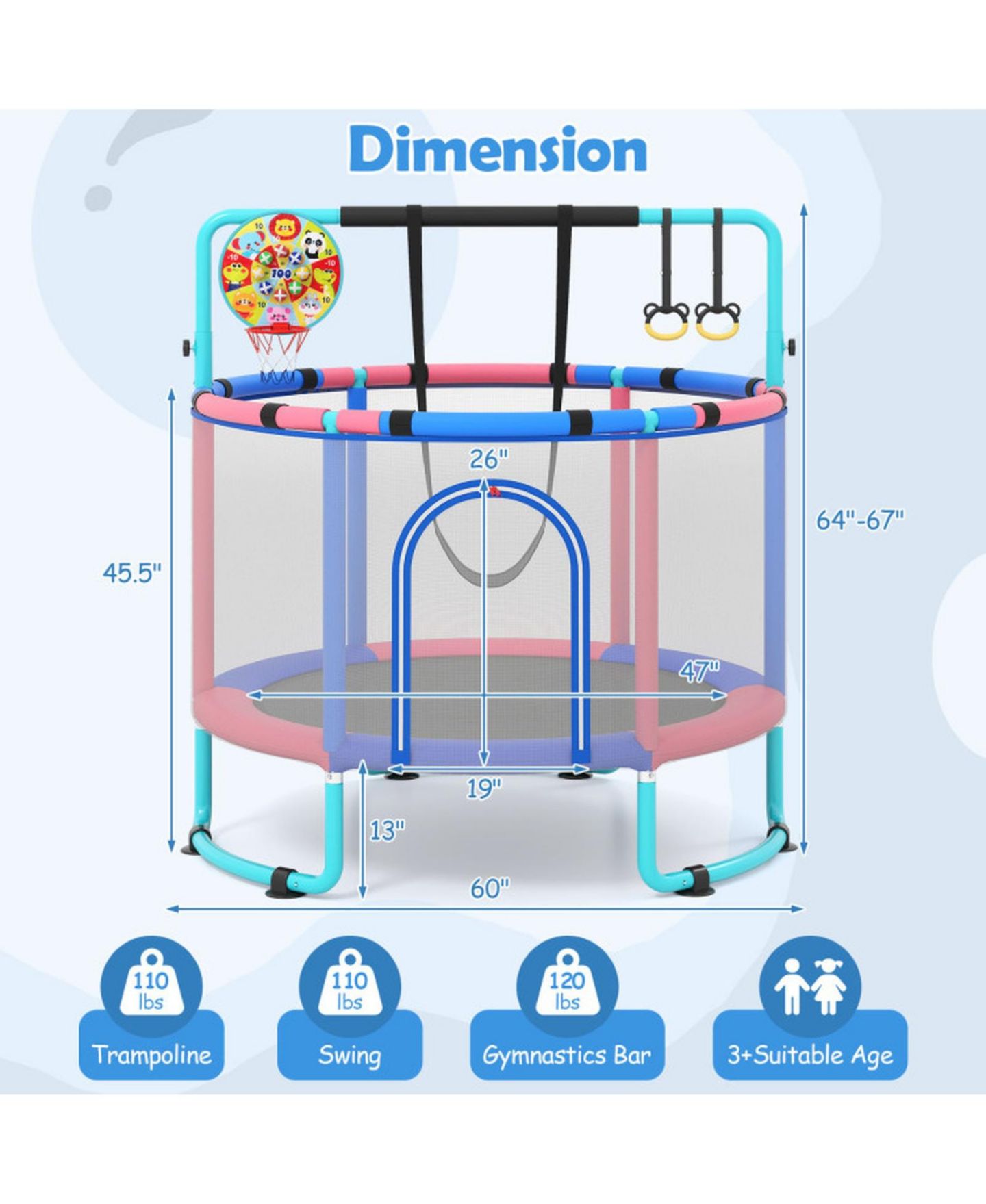 Детская игрушка SUGIFT 60" x 60" 6-in-1 Trampoline with Adjustable Gymnastics Bar, Ages 3+, цвет: Тёмно-синий — фото 3