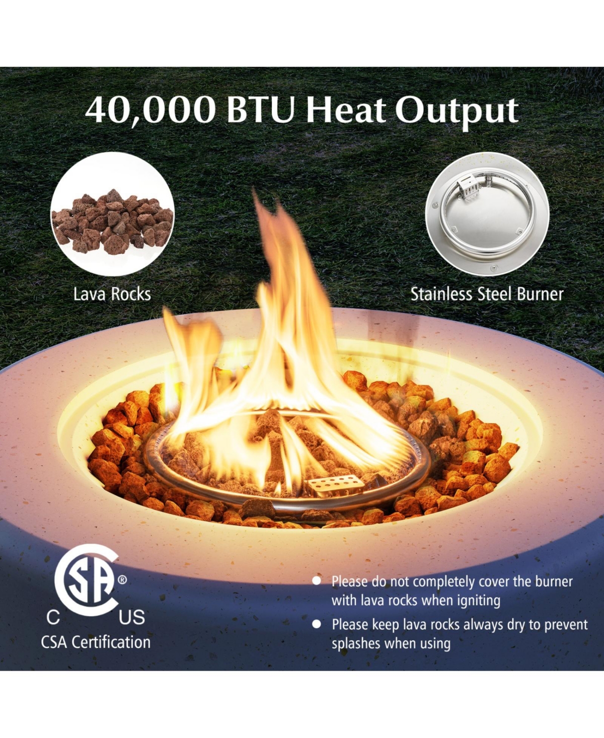 Sugift 40000 Btu Fire Pit Table Set with Hideaway Propane Tank Holder and Lava Rocks