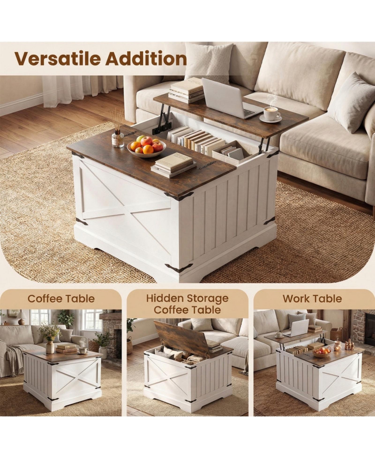 Sugift Farmhouse Lift Top Coffee Table with Hidden Storage Compartment