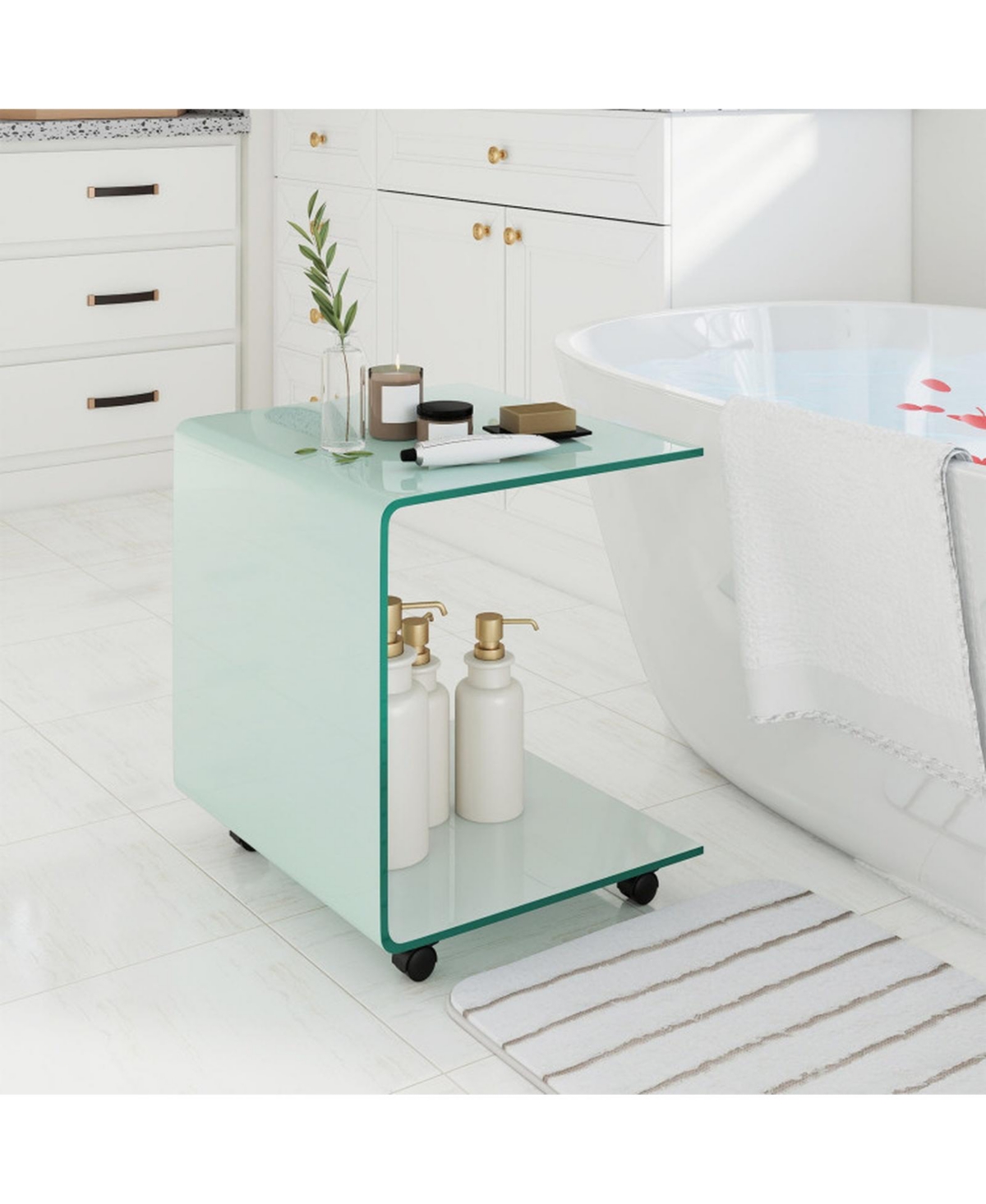Sugift C-Shaped End Table with Tempered Glass Shelves and Detachable Lockable Wheels