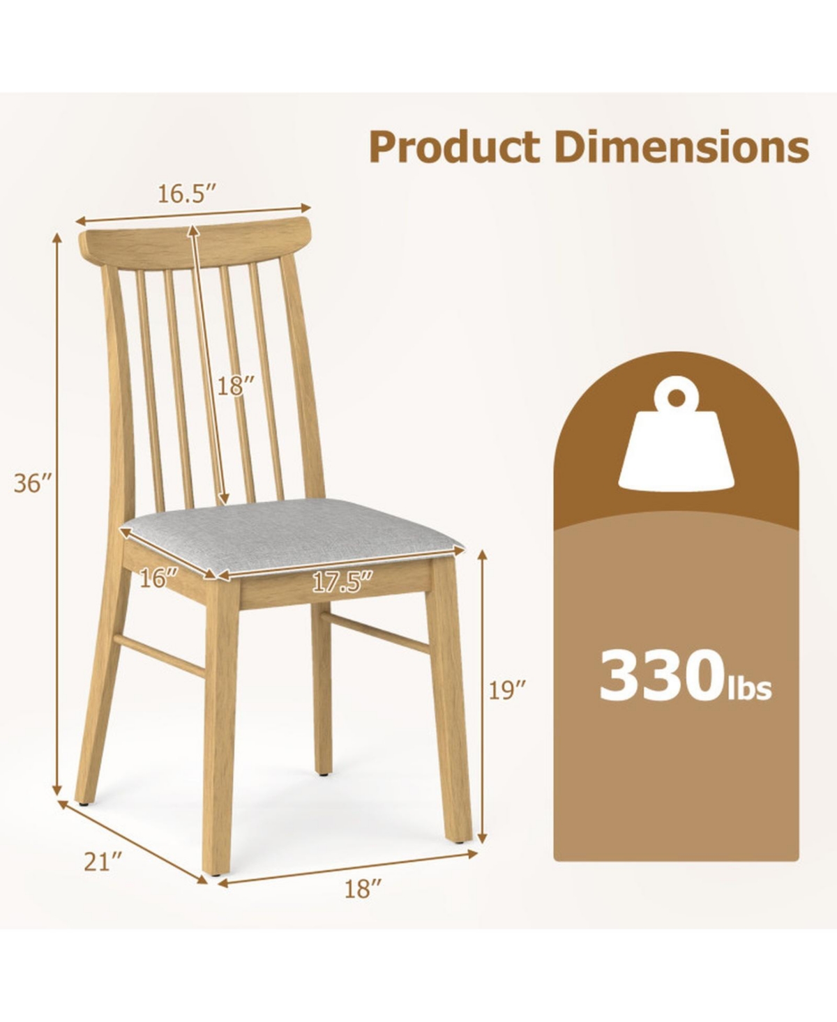 Sugift Upholstered Dining Chairs Set of 2 Armless Kitchen Chairs with Spindle Backrest and Padded Seats