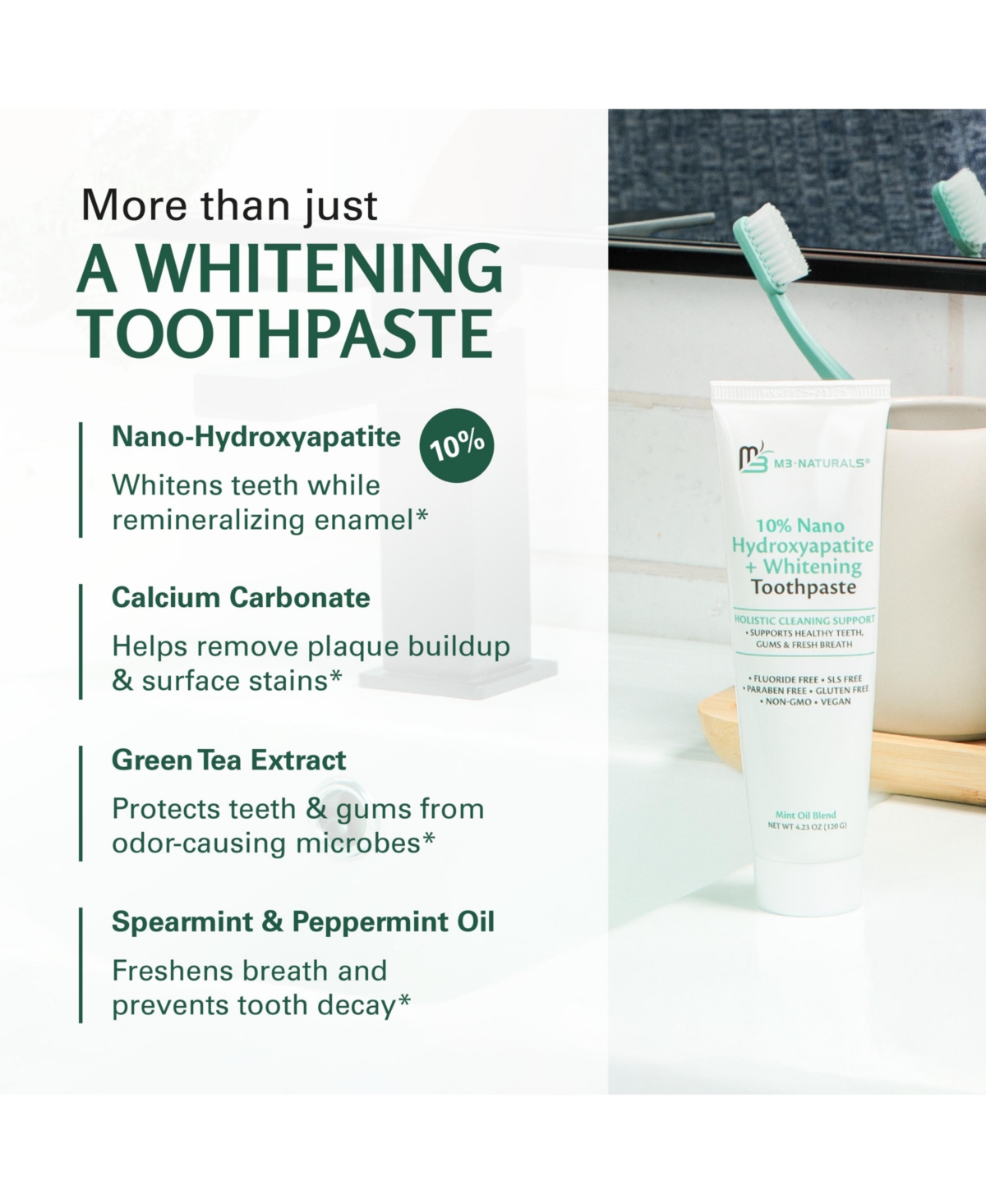 M3 Nano Hydroxyapatite Fluoride Free Whitening Toothpaste with Calcium, Mint and Spearmint 4.23 Ounce