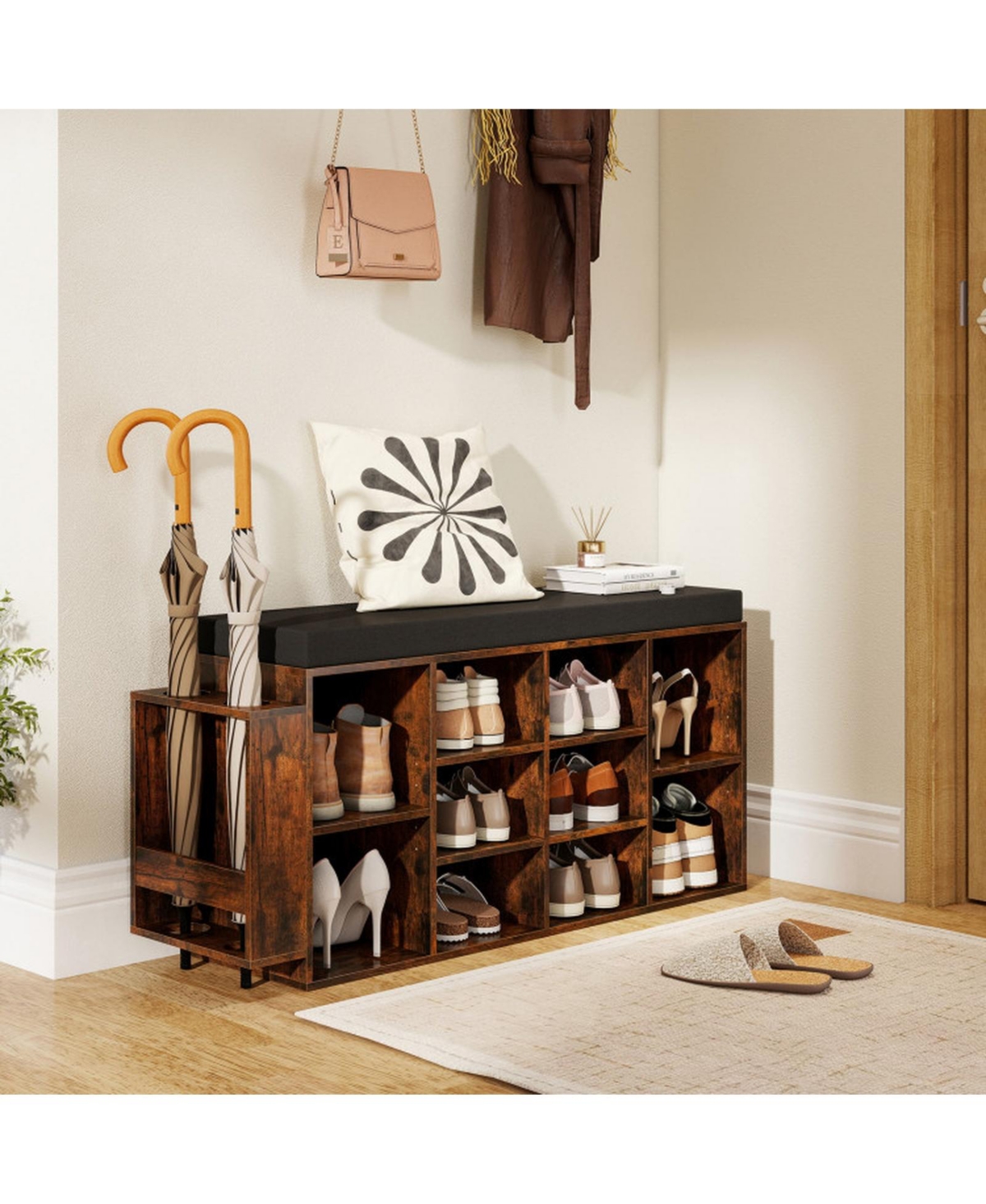 Sugift 10-Cubby Shoe Storage Bench with Umbrella Stand and Padded Seat Cushion