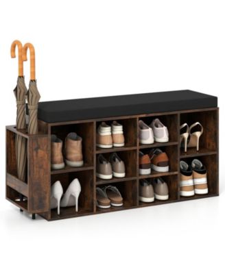 10-Cubby Shoe Storage Bench with Umbrella Stand and Padded Seat Cushion
