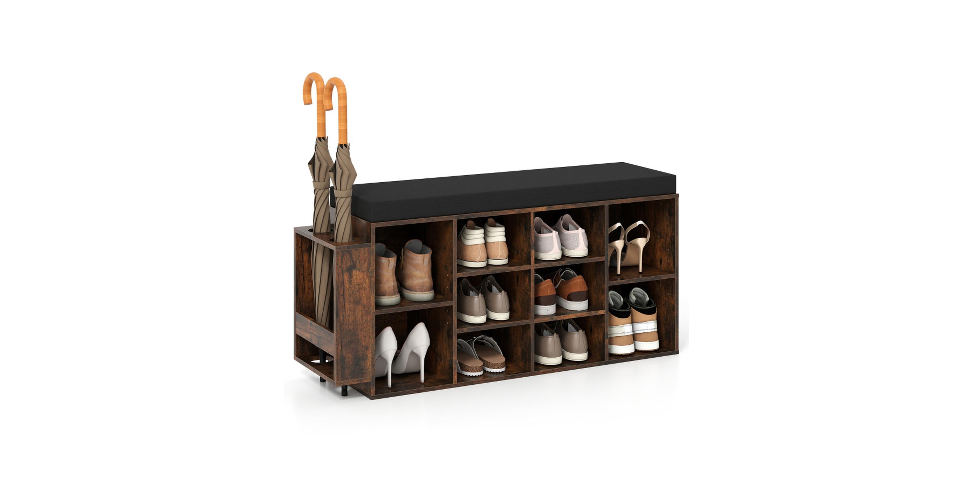 Sugift 10-Cubby Shoe Storage Bench with Umbrella Stand and Padded Seat Cushion