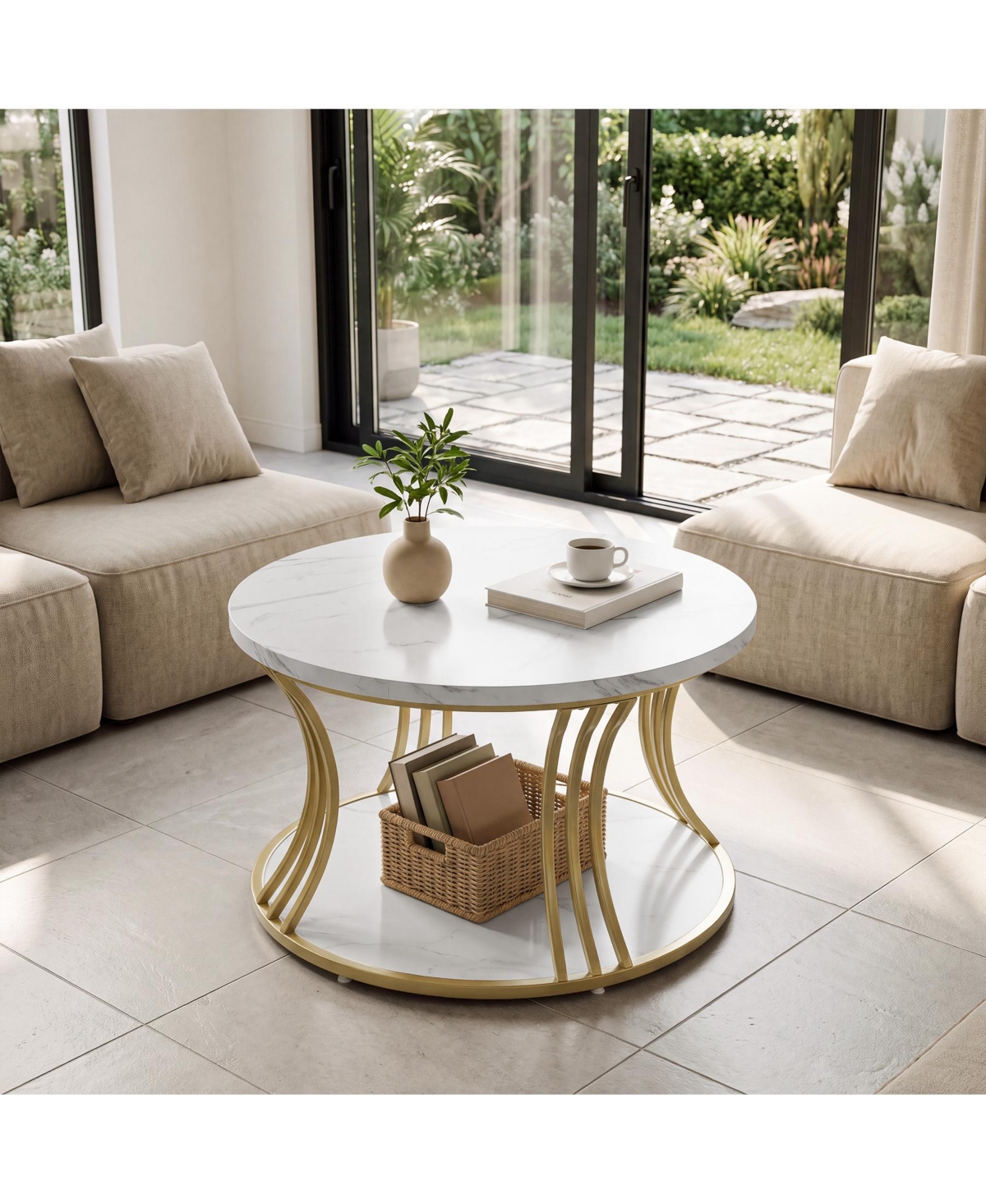 Tribesigns 31.5" Round Faux Marble Coffee Table with 2-Tier Storage