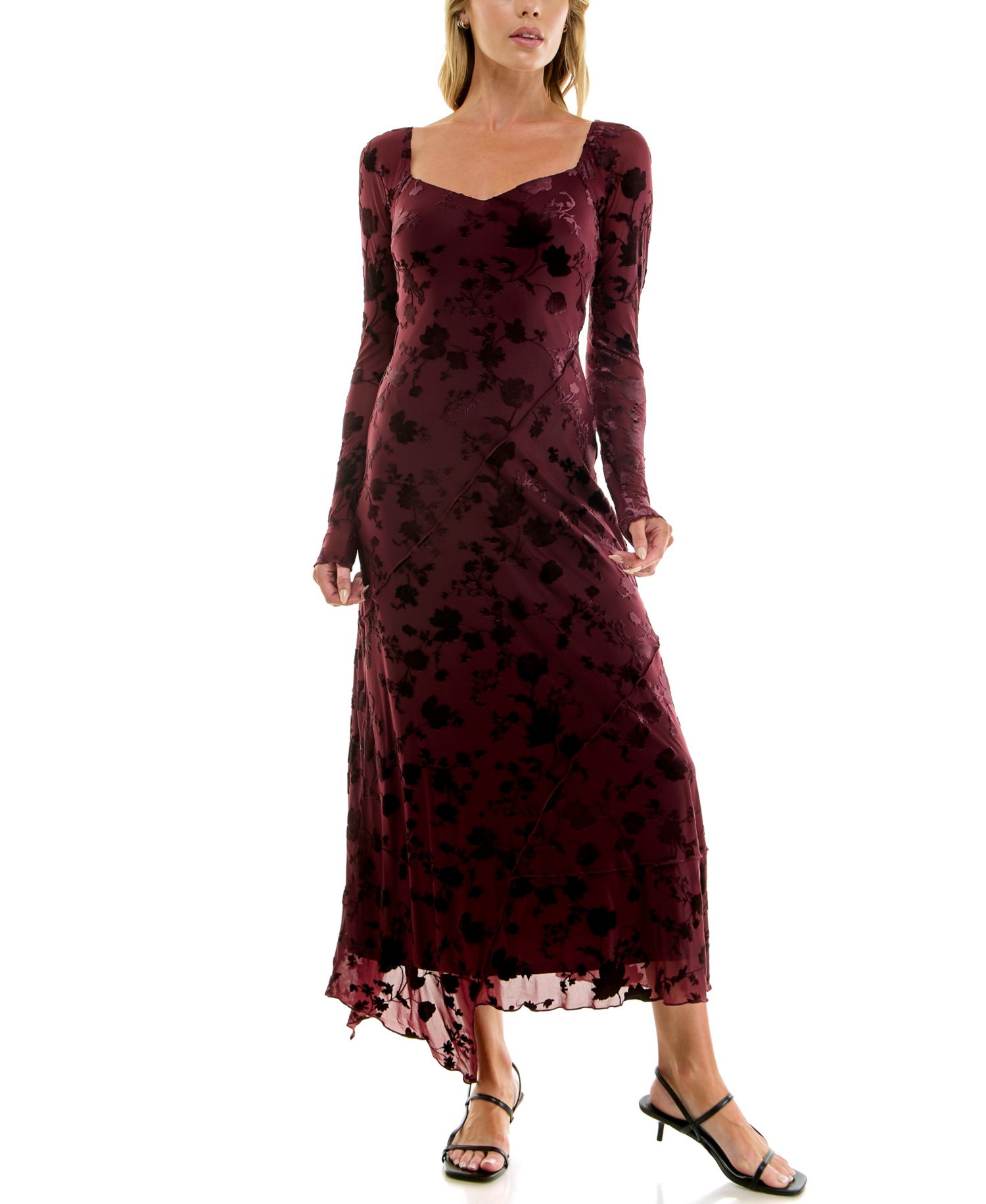 Juniors' Long-Sleeve V-Neck Velvet-Burnout Midi Dress