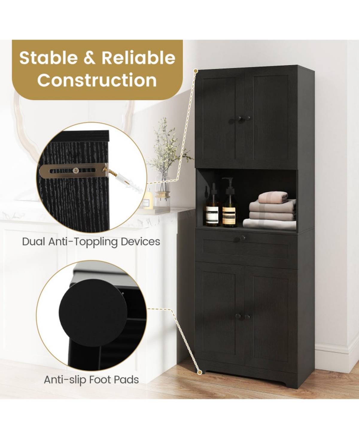 Sugift 67.5 Inch Tall Freestanding Storage Cabinet with 4 Doors Drawer and Adjustable Shelf
