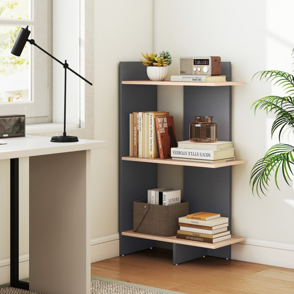 Sugift 3-Tier Wooden Bookshelf with Anti-Tipping Kit and 15 Inch Shelf Spacing