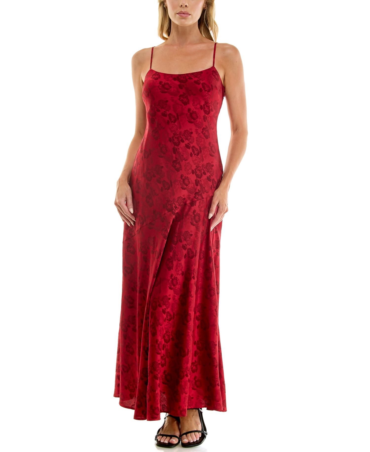 Juniors' Sleeveless Floral Slim Jacquard-Satin Maxi Dress with Matching Scarf