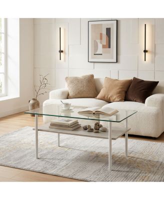Modern Glass Coffee Table with Wood Shelf and White Metal Legs