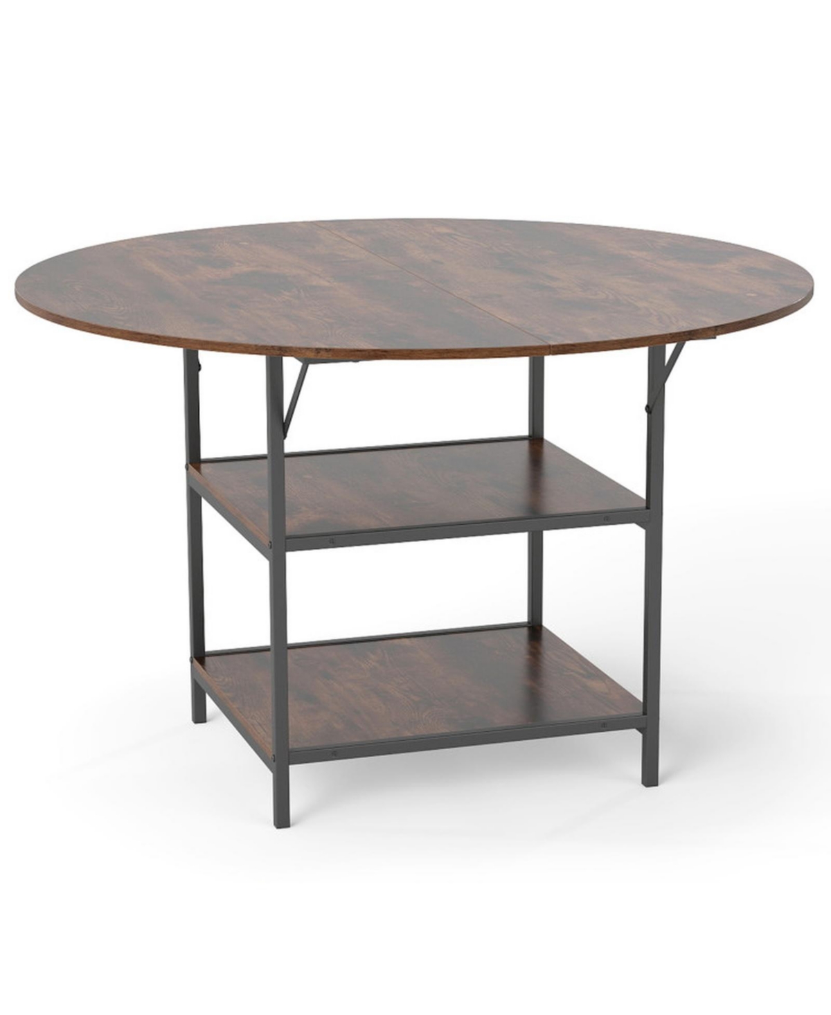 Sugift 47 Inch Round Dining Table for 4 to 6 People with 2-Tier Storage Shelves Industrial Kitchen Table - Brown