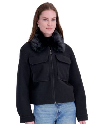 Women's Detachable Faux-Fur Collar Cropped Coat